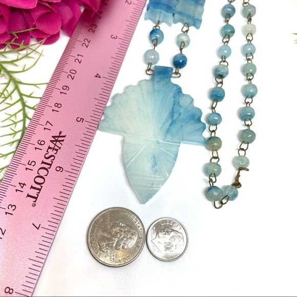 VINTAGE⚜️Genuine Teal Quartz Carved Gem Necklace - Picture 9 of 12